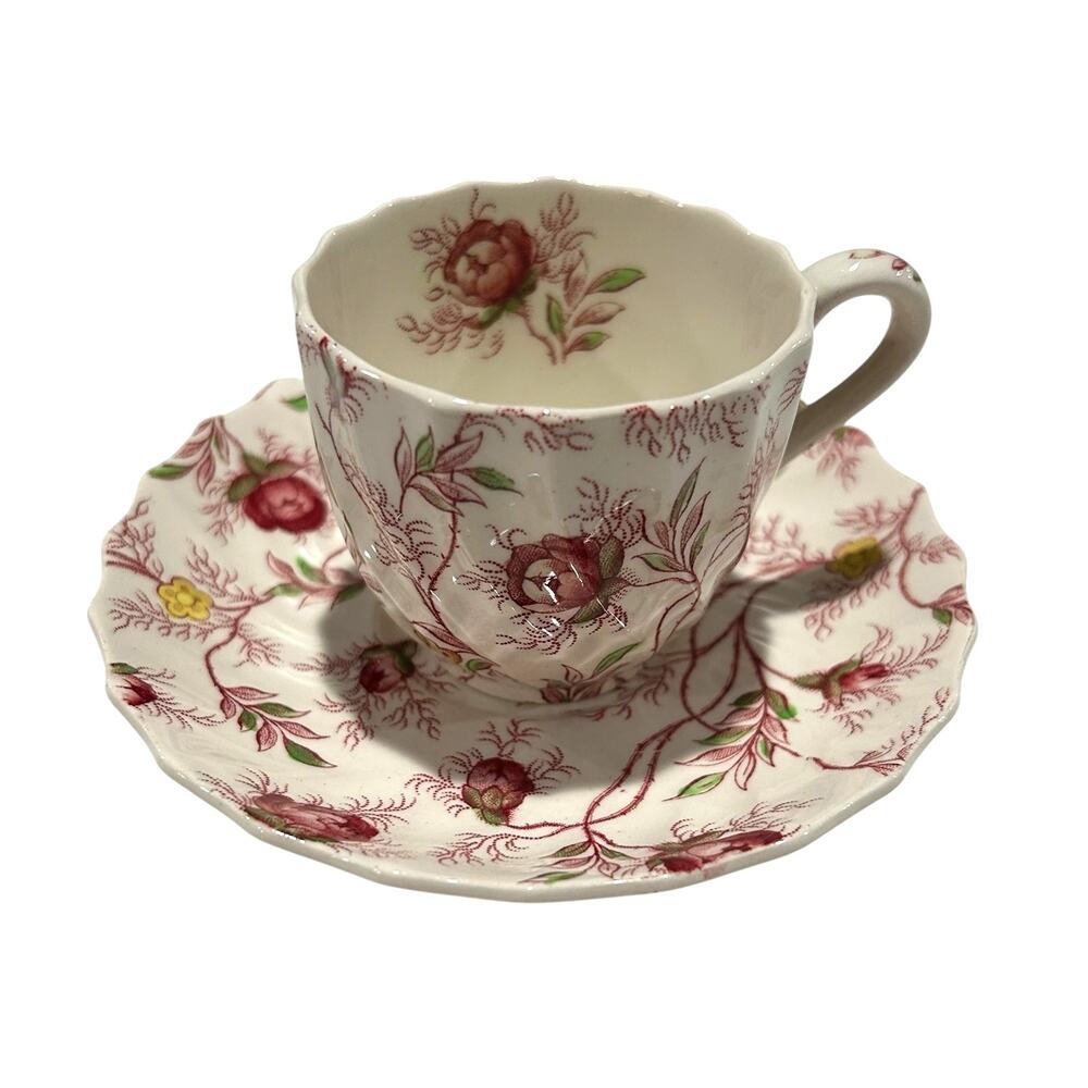 Copeland Spode Rosebud Chintz Floral Red White Tea Cup and Saucer England EUC